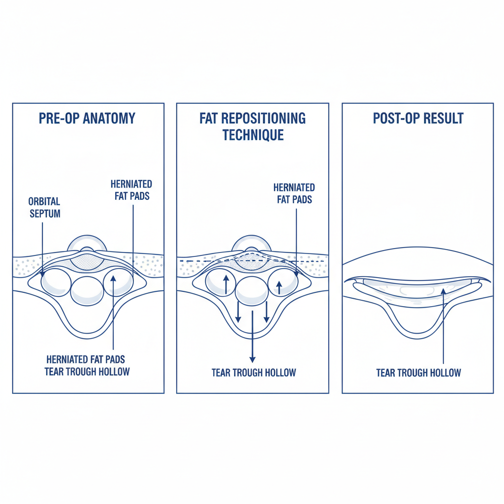 Infographic showing how under-eye fat repositioning works compared to fat removal