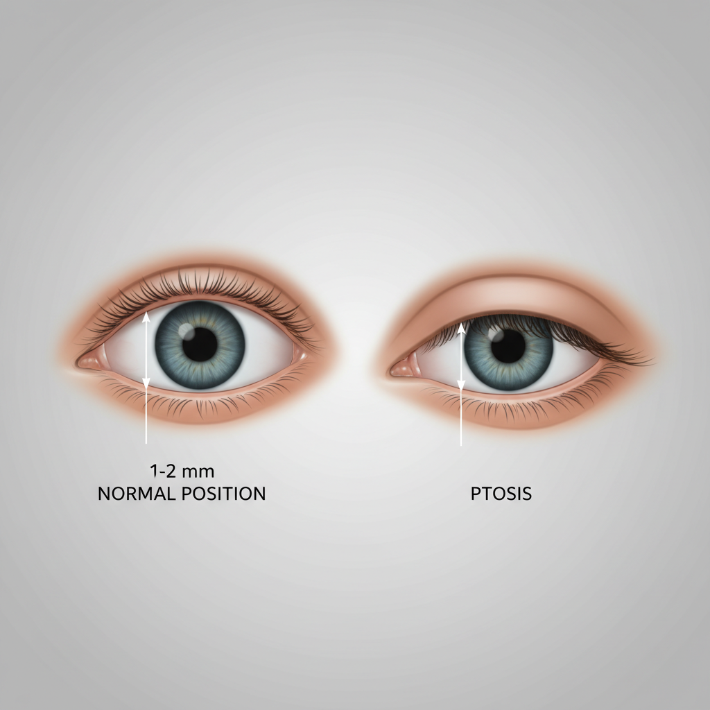 Diagram comparing normal eyelid position versus ptosis droopy eyelid