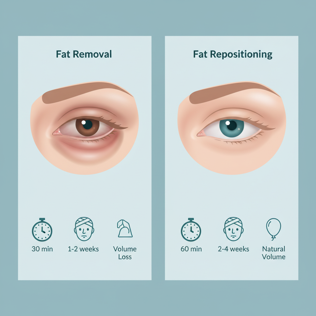 Side-by-side comparison of fat repositioning versus fat removal lower blepharoplasty results