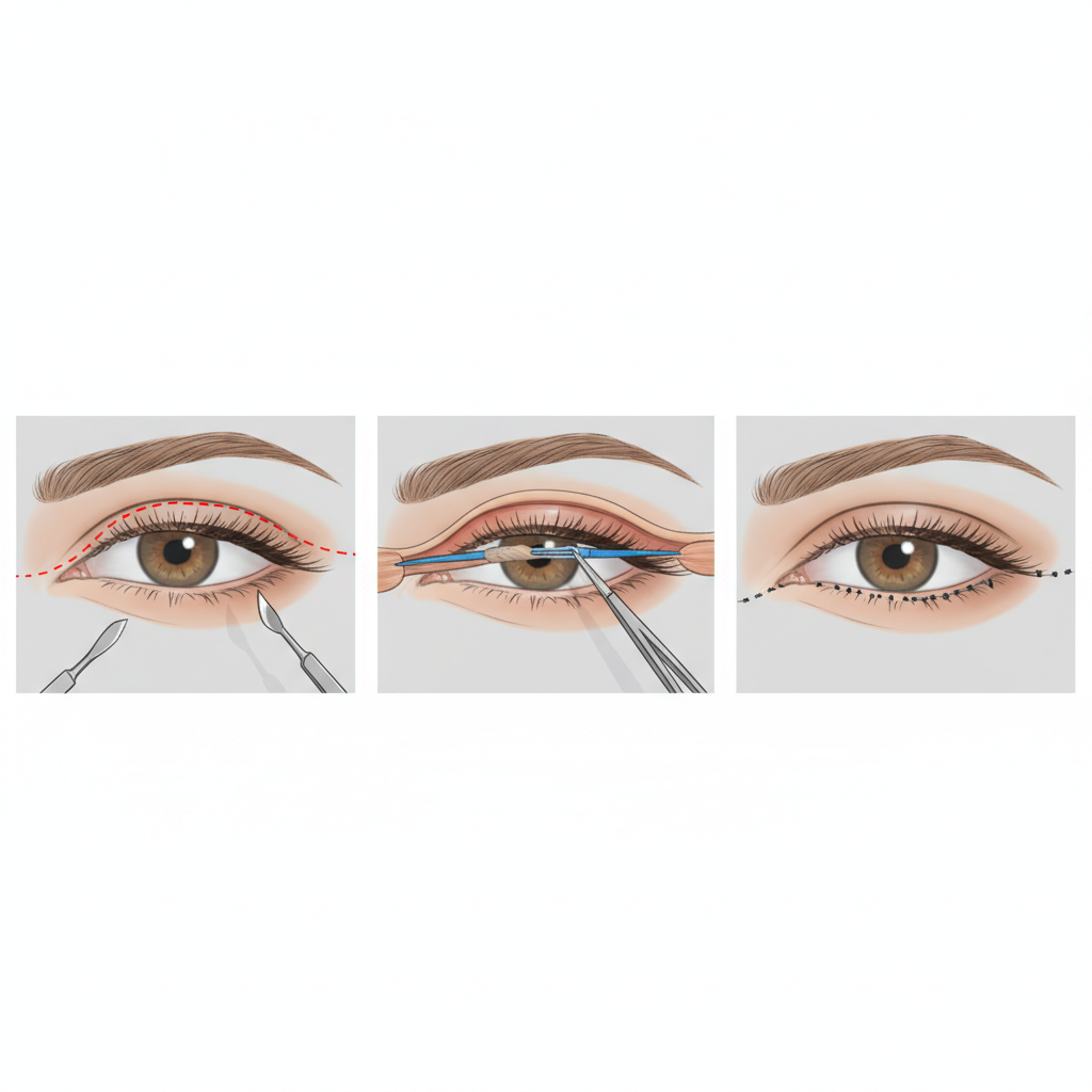 Illustration of levator resection ptosis correction surgical technique