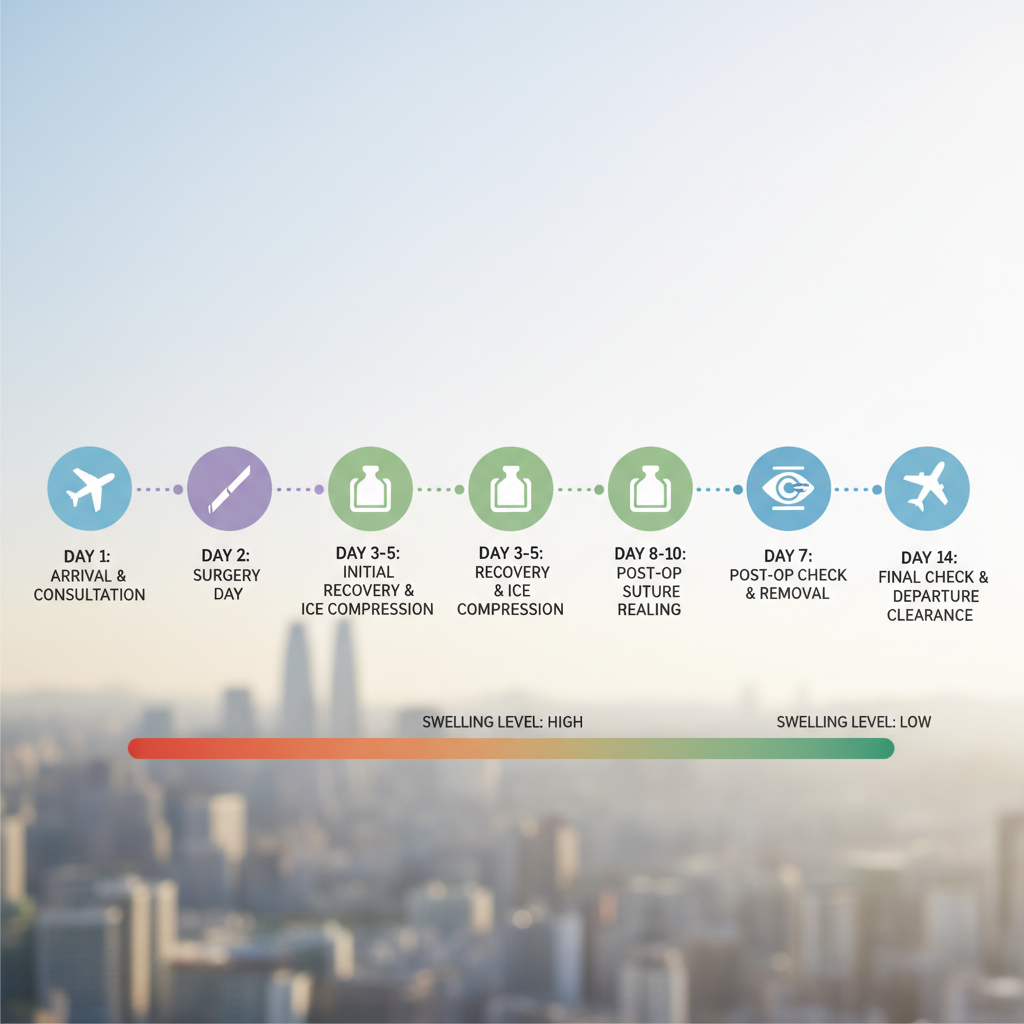 Day-by-day recovery timeline for lower blepharoplasty fat repositioning showing swelling progression and healing stages