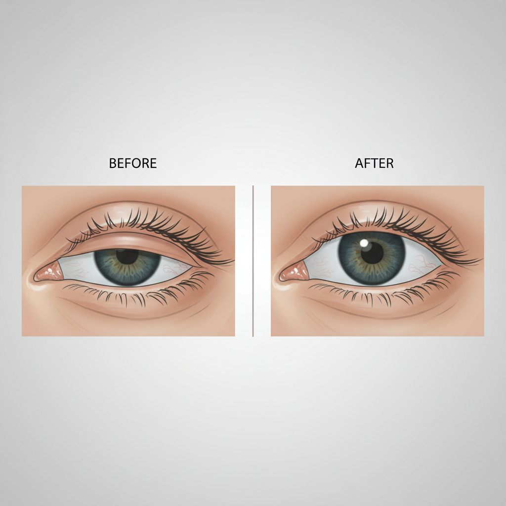 Ptosis correction before and after results showing lifted eyelid