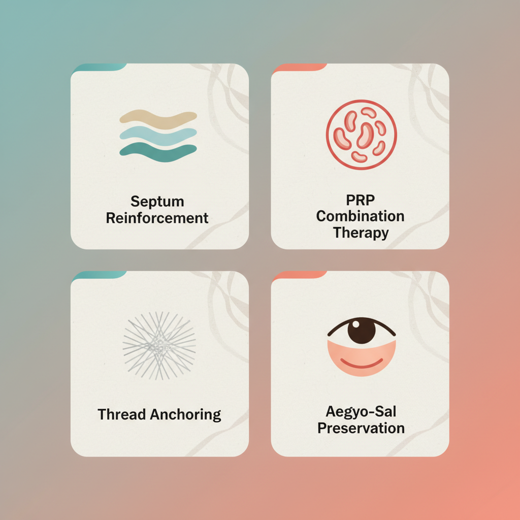 2026 trends in Korean lower eyelid surgery including septum reinforcement, PRP therapy, and thread anchoring techniques