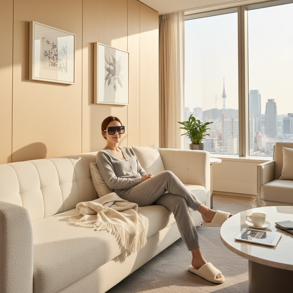 Patient recovering comfortably after ptosis correction surgery in Korea