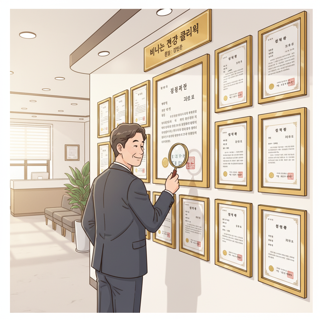 Korean clinic credential wall with certificates