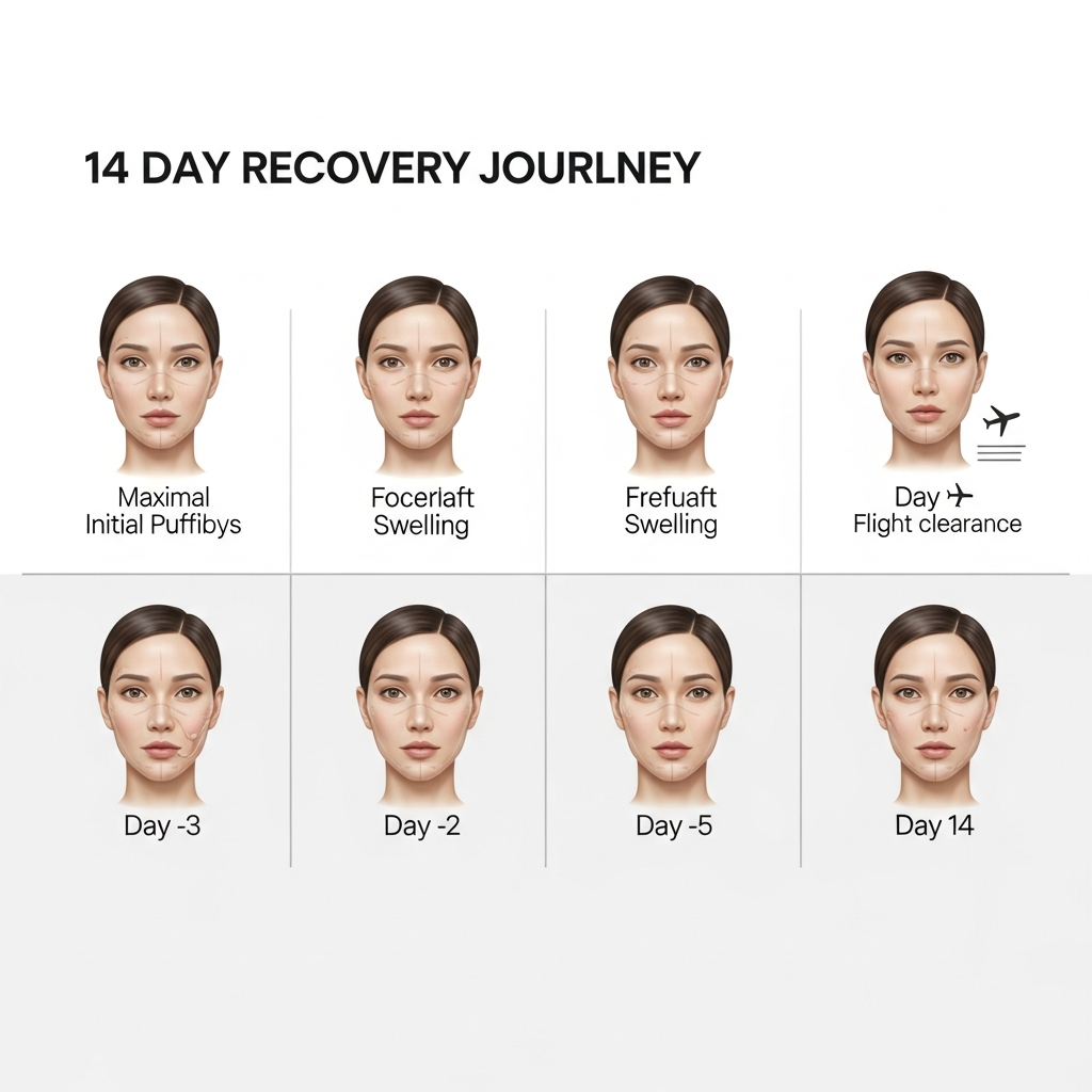 Visual timeline showing the 14-day Seoul facelift recovery journey, from arrival to flight clearance, with realistic swelling progression illustrations