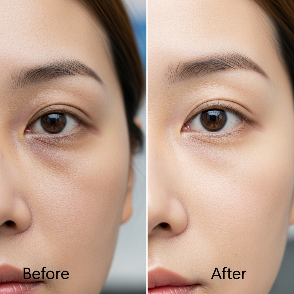 Close-up comparison of under-eye hollows before and after fat repositioning, natural lighting, Korean clinic setting