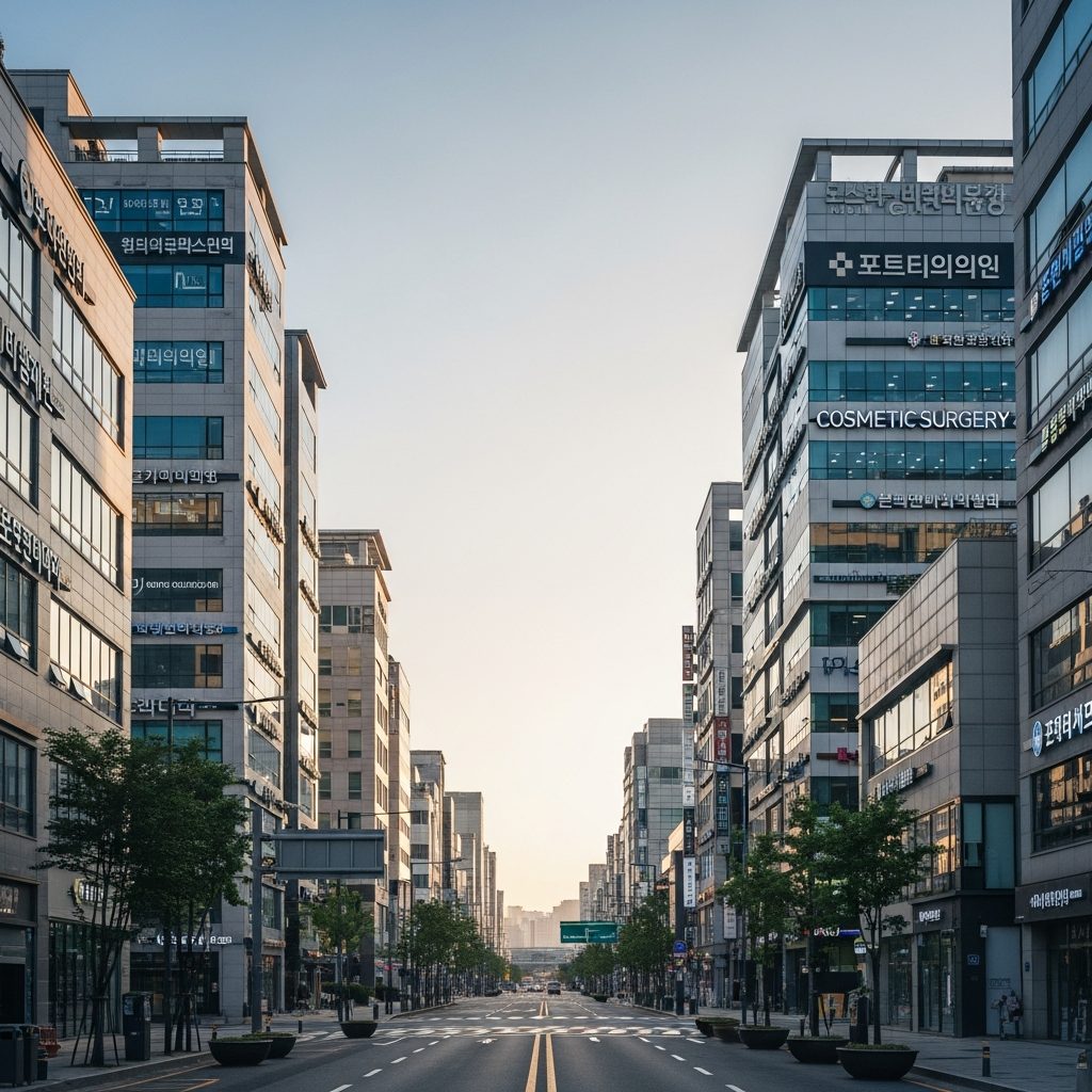 Gangnam medical district street view with clinic buildings and bilingual signage, early morning light