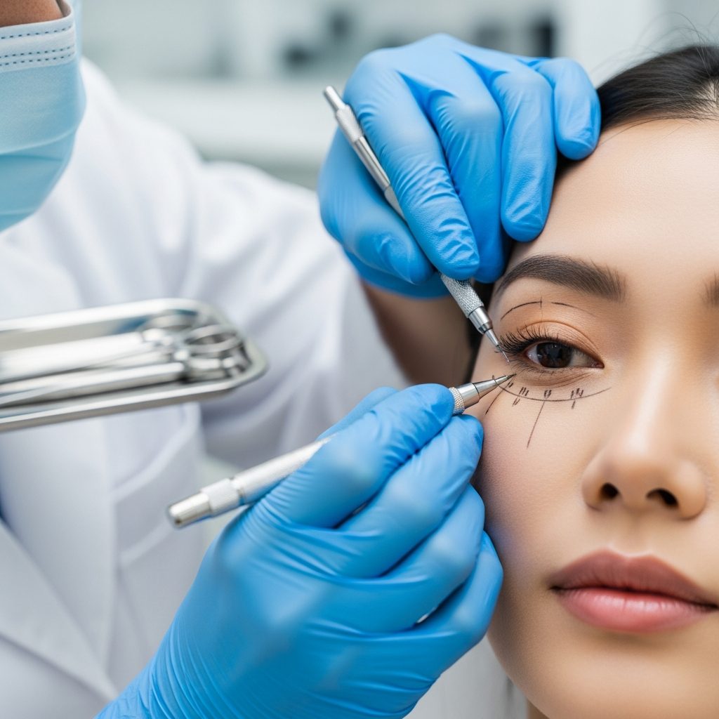 Close-up consultation photo showing a surgeon examining a patient's lower eyelid area with surgical markings, clinical lighting, Seoul clinic setting
