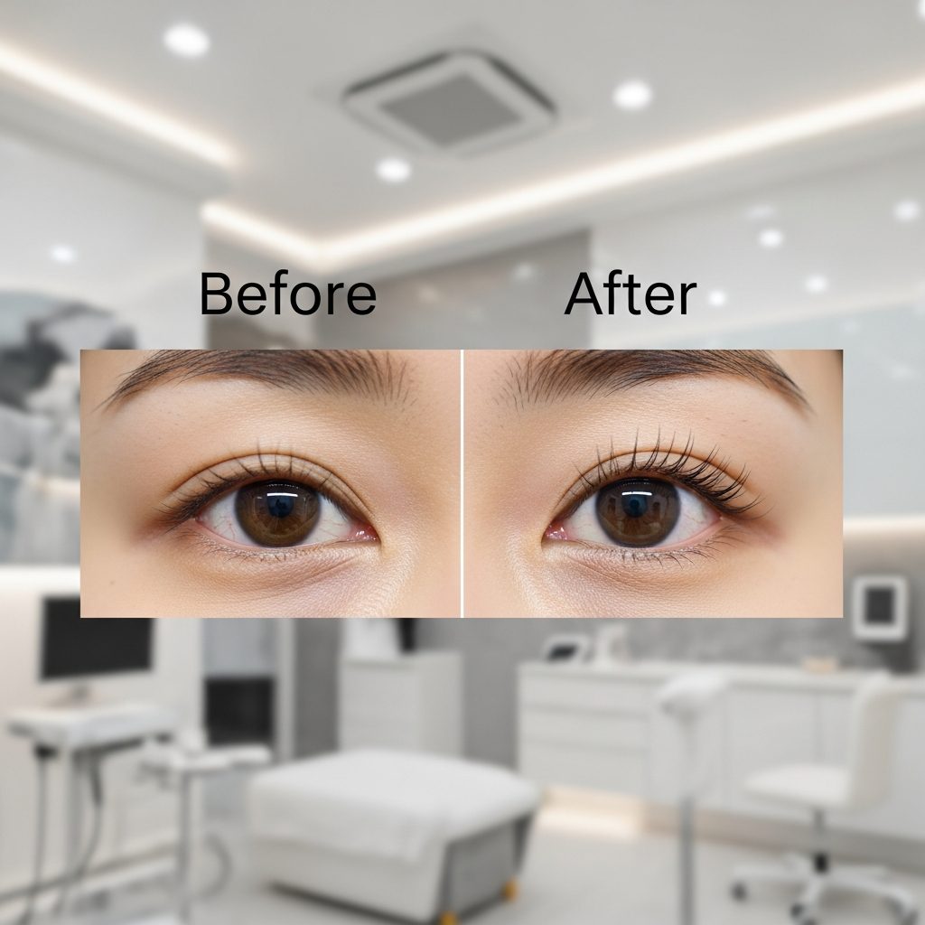 Before and after comparison of double eyelid surgery showing crease creation combined with ptosis correction, Korean clinic setting