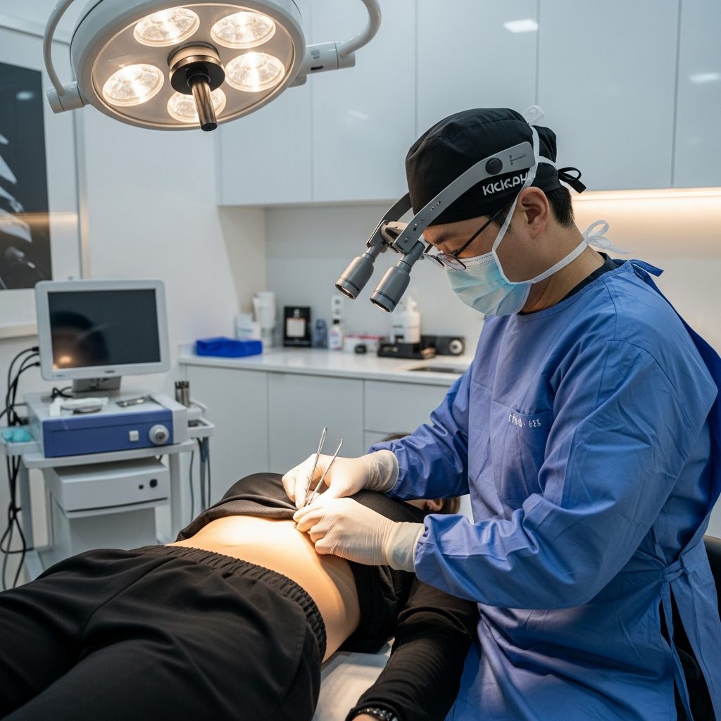 Close-up of a consultation room in a Korean plastic surgery clinic, surgeon examining a patient's abdomen area with medical lighting, professional and clean aesthetic