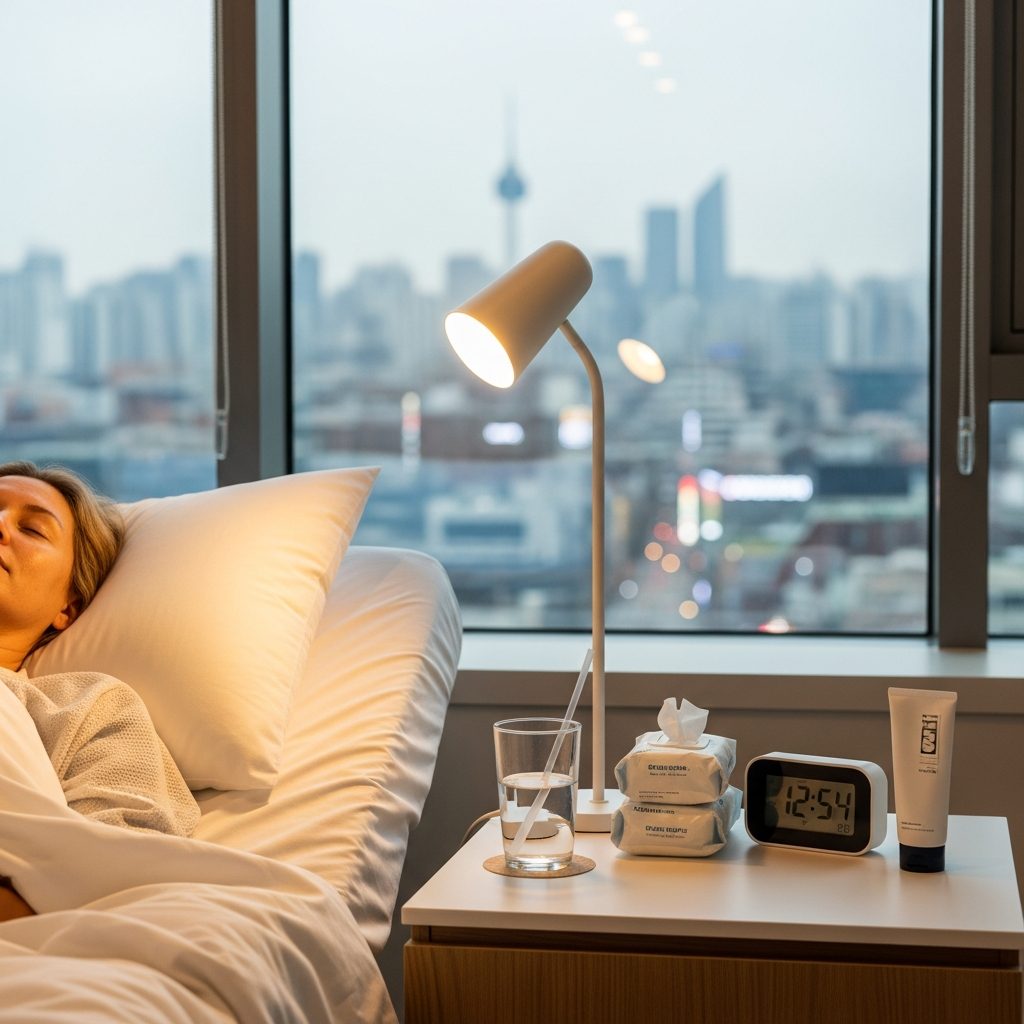 Foreign patient resting in a modern Seoul recovery room with city view through window, soft lighting, medical supplies on bedside table