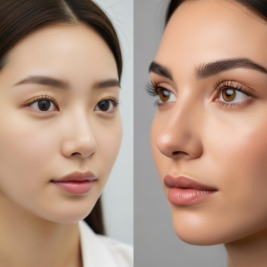 Split-composition hero image — left side shows a natural-looking Korean rhinoplasty result in soft clinic lighting, right side shows a more dramatic Western dorsal reduction result, both elegant but distinctly different aesthetic approaches