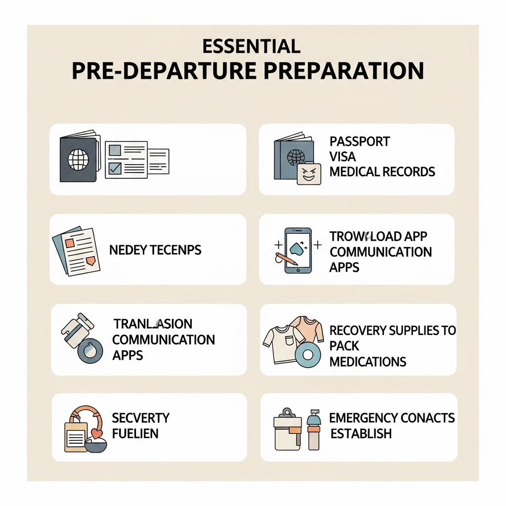 Checklist-style infographic showing essential pre-departure preparation items for medical tourism facelift patients — including documents, apps to download, recovery supplies to pack, and emergency contacts to establish
