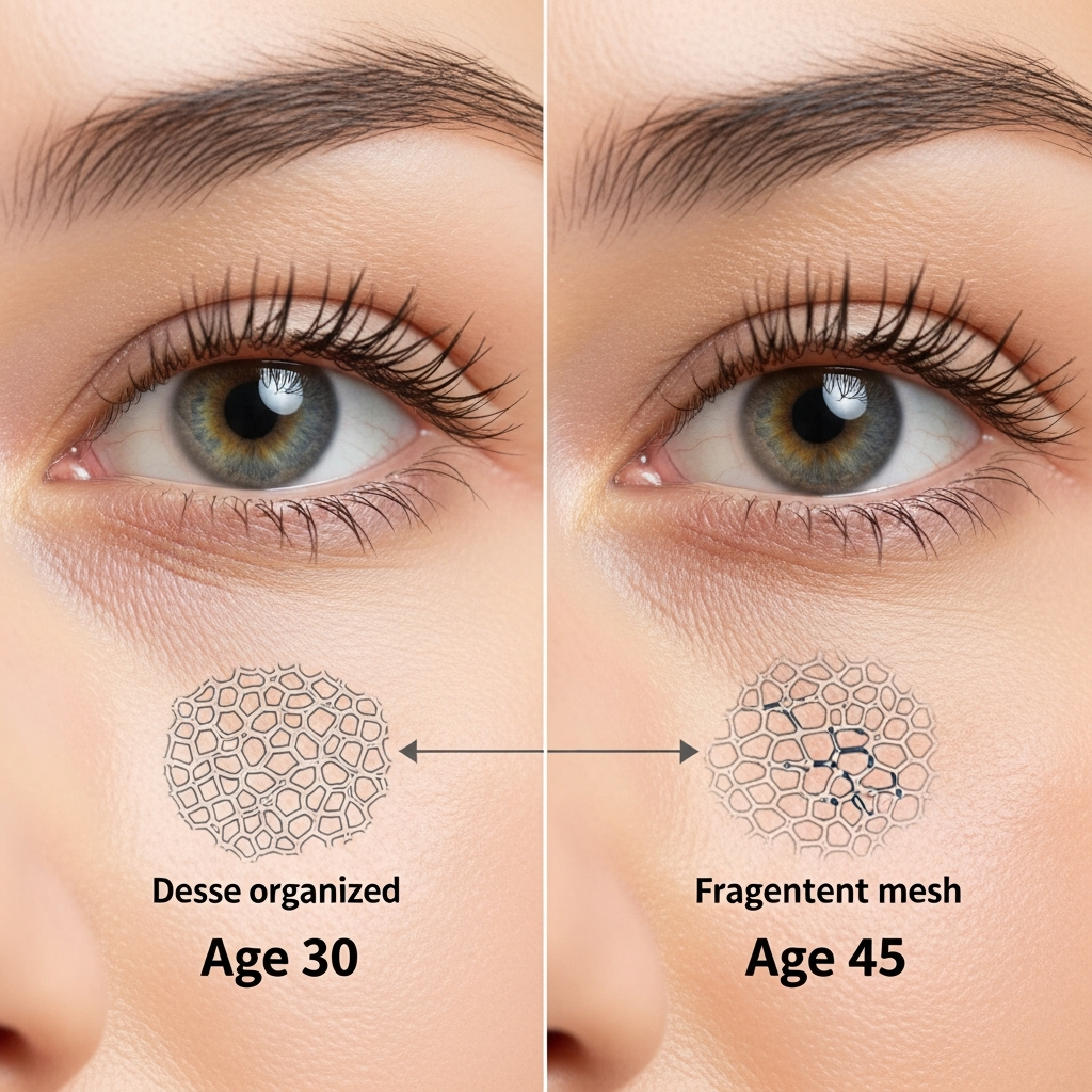 Close-up comparison showing smooth under-eye skin texture at age 30 versus bumpy, uneven texture at age 45, with diagram overlay showing collagen mesh structure differences