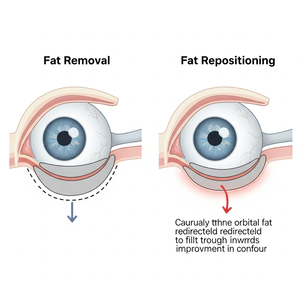 Side-by-side anatomical diagram showing fat removal vs. fat repositioning technique, with arrows indicating where orbital fat is redirected into the tear trough