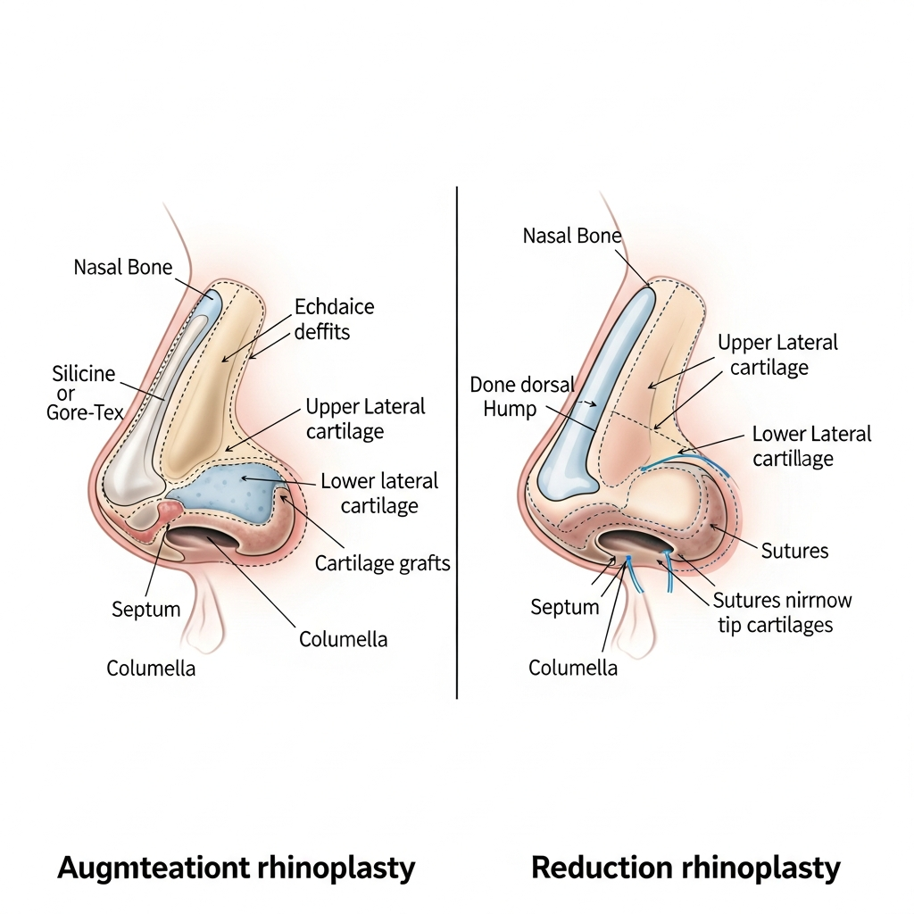 Side-by-side surgical diagram comparing augmentation rhinoplasty (Korean approach) vs. reduction rhinoplasty (Western approach), with labeled anatomical structures