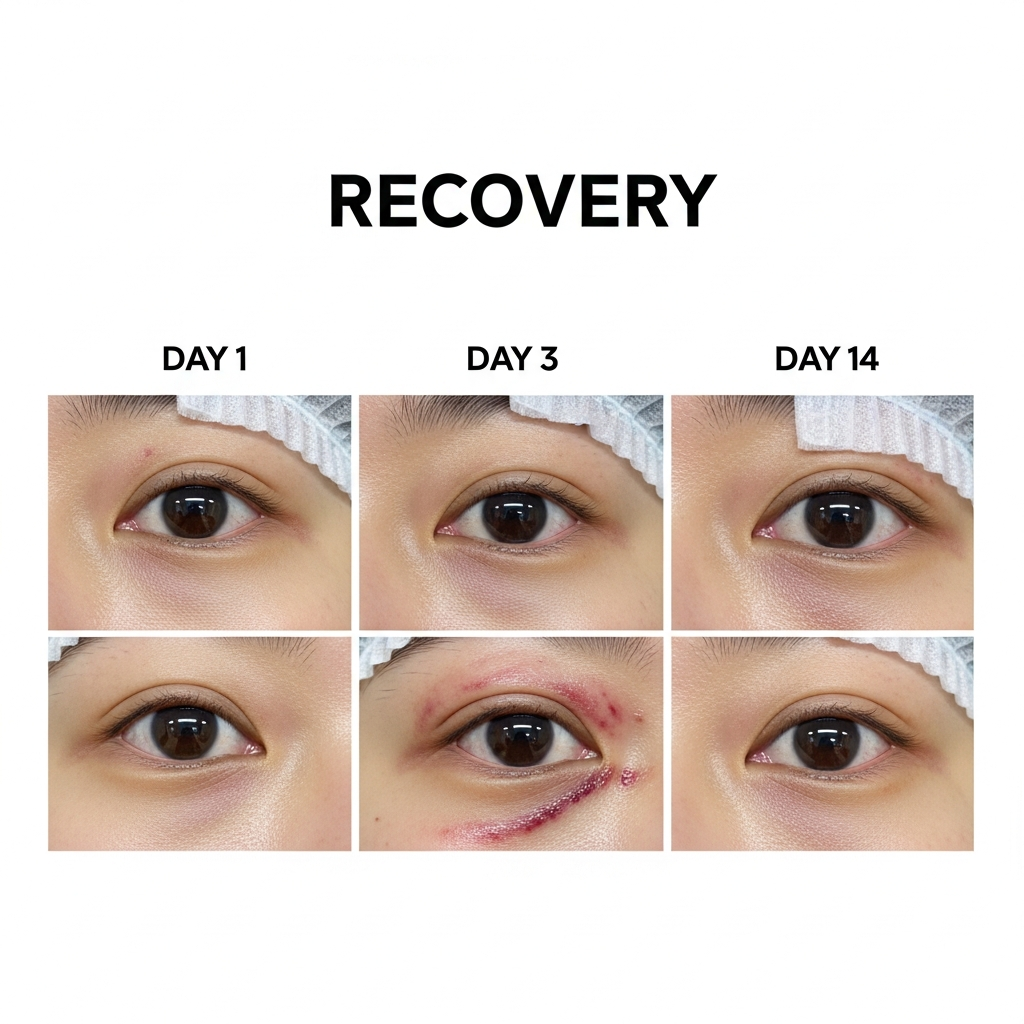 Recovery timeline photo series showing Day 1, Day 3, Day 7, and Day 14 after transconjunctival under-eye fat repositioning, demonstrating typical swelling and bruising progression