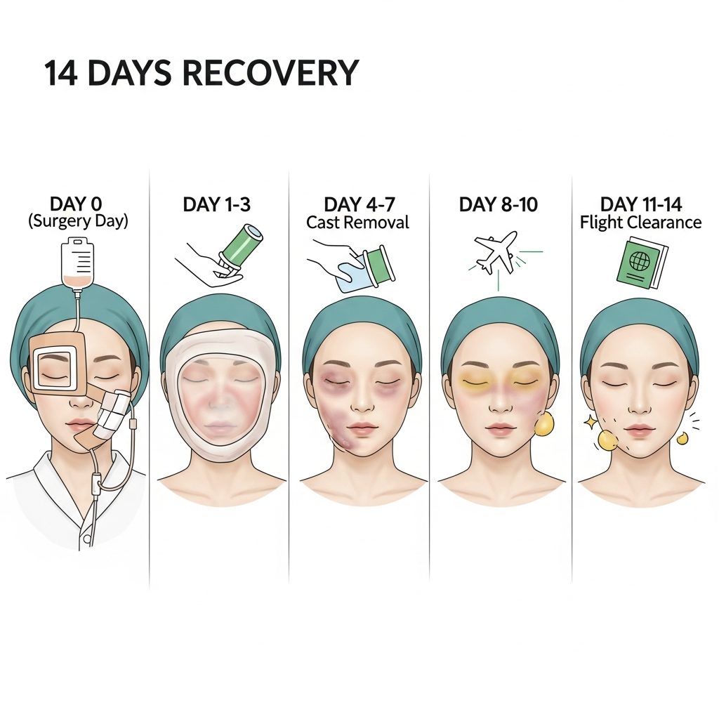 Recovery timeline visual showing day-by-day milestones from surgery day through day 14, including cast removal, swelling stages, and flight clearance