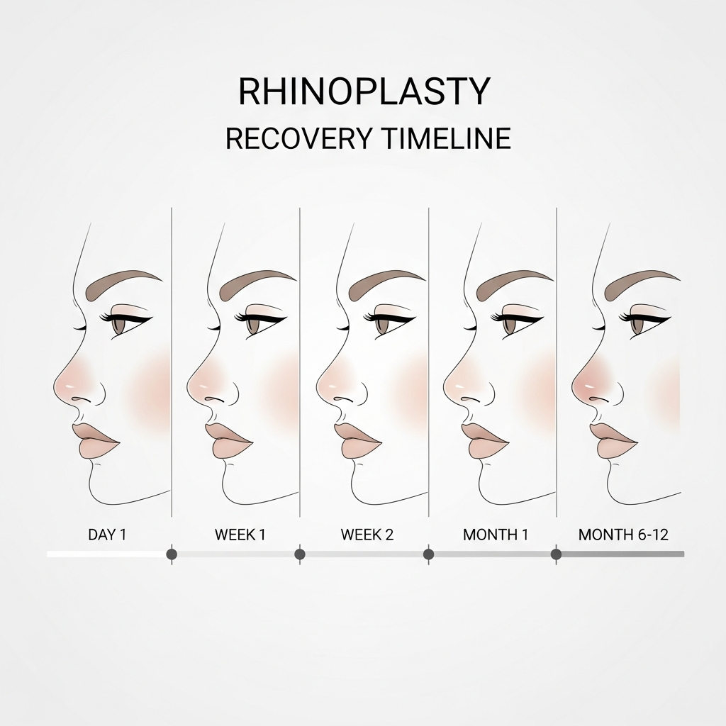 Recovery timeline infographic showing swelling reduction stages at Day 1, Week 1, Week 2, Month 1, and Month 6-12 post-rhinoplasty