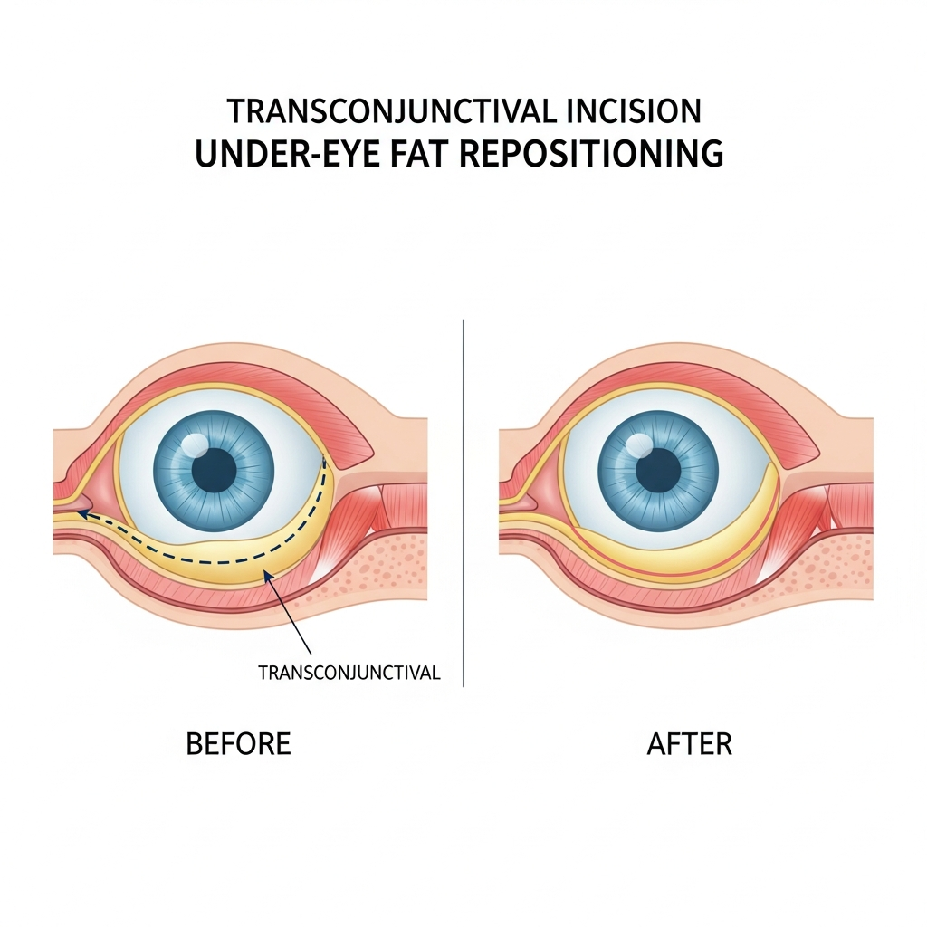 Diagram showing transconjunctival incision approach for under-eye fat repositioning, with before/after cross-section of orbital fat placement