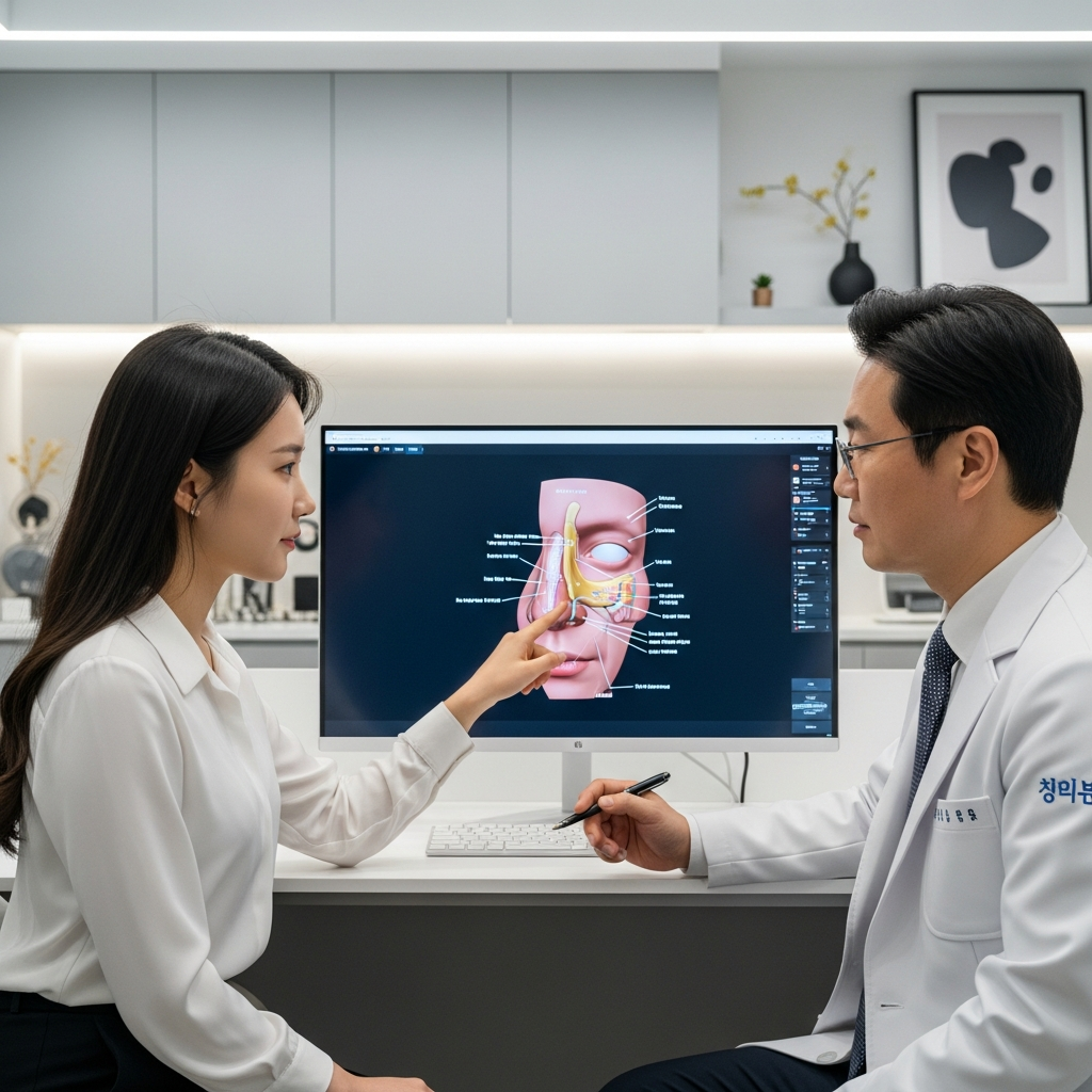 A patient consulting with a Korean plastic surgeon at a clinic in Seoul, reviewing 3D imaging of nose structure on a screen