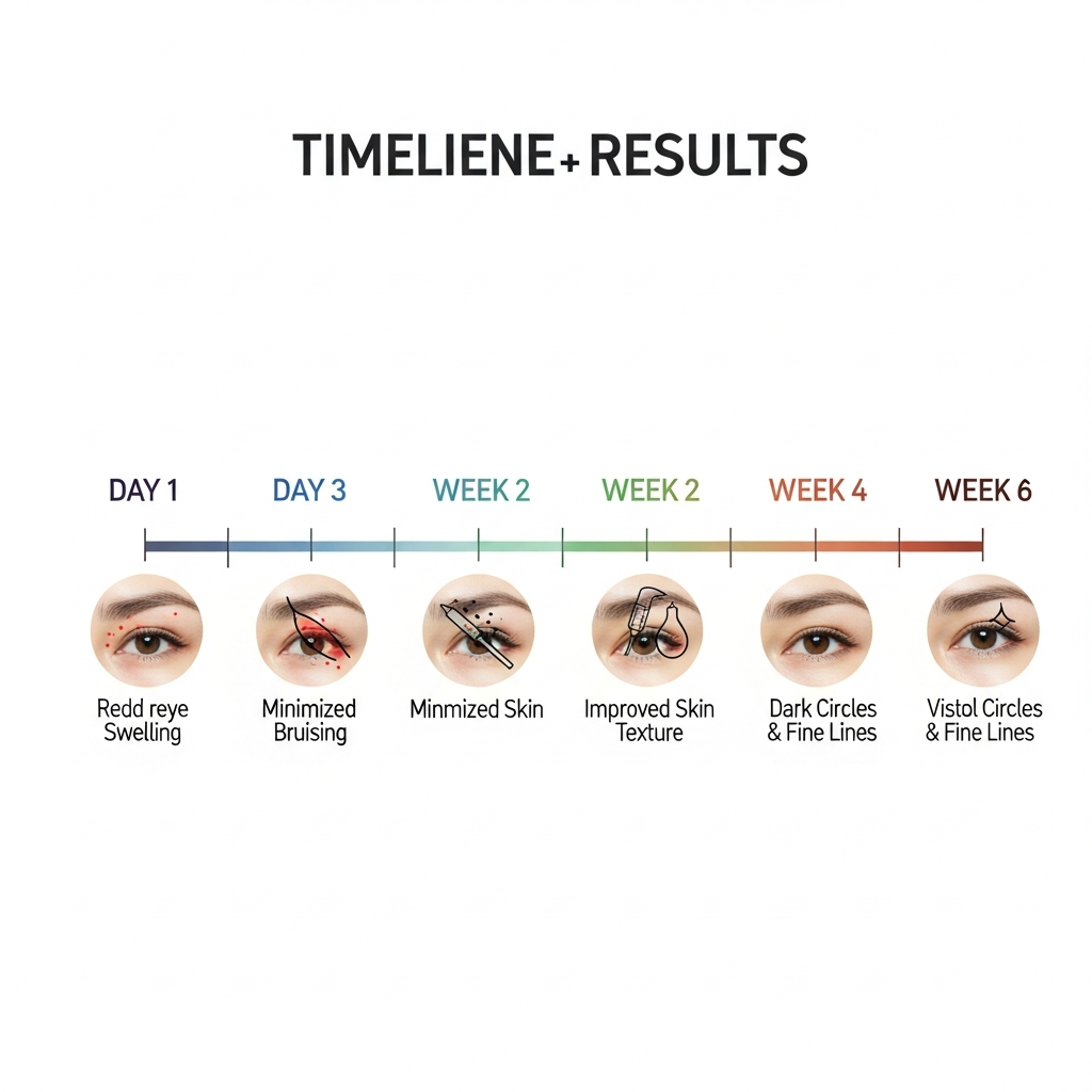 Timeline infographic showing the realistic recovery and results progression from Day 1 through Week 6 after under-eye Rejuran treatment