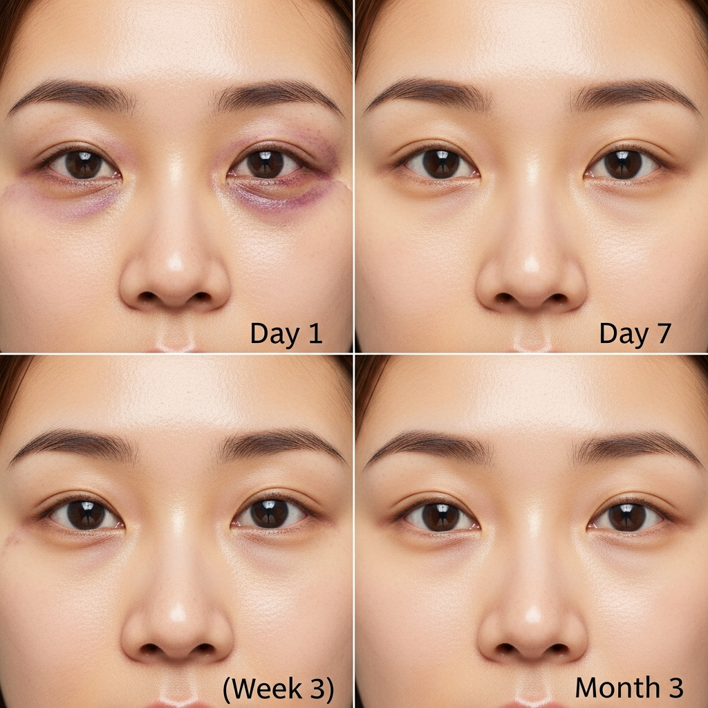 Realistic recovery timeline showing under-eye appearance at day 1, day 7, week 3, and month 3 after fat repositioning surgery