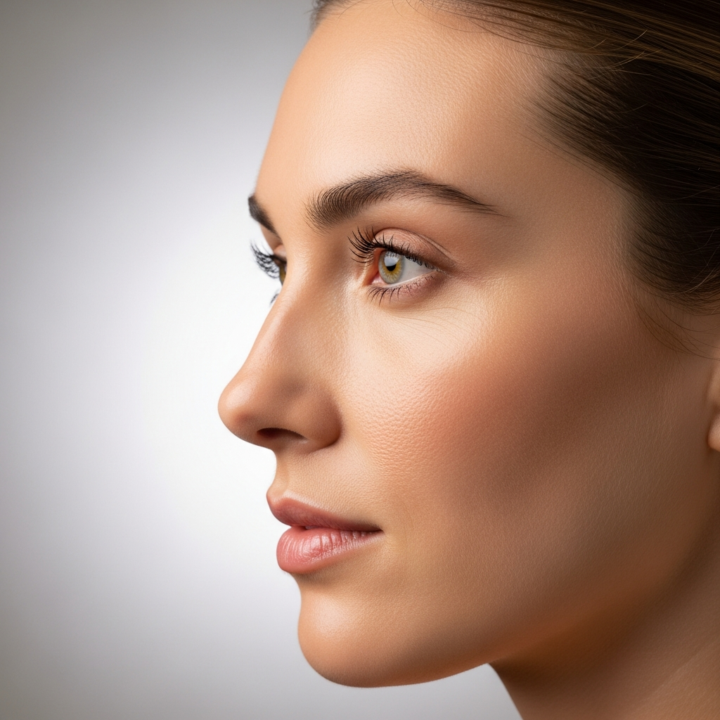 Close-up of a woman's profile showing a healed rhinoplasty result with natural-looking bridge and refined tip, natural studio lighting
