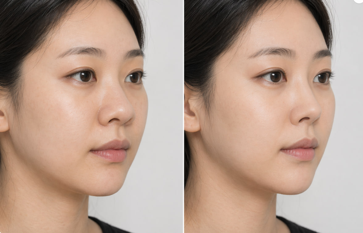 Before-and-after of an East Asian woman in her early thirties three months after Korean rhinoplasty showing refined tip definition and a subtly slimmer profile