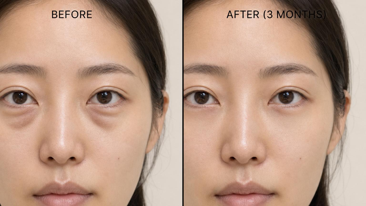 Before-and-after of a Korean woman in her early thirties at three months post-op showing tear trough hollow filled and lower-lid bag flattened by Korean transconjunctival under-eye fat repositioning
