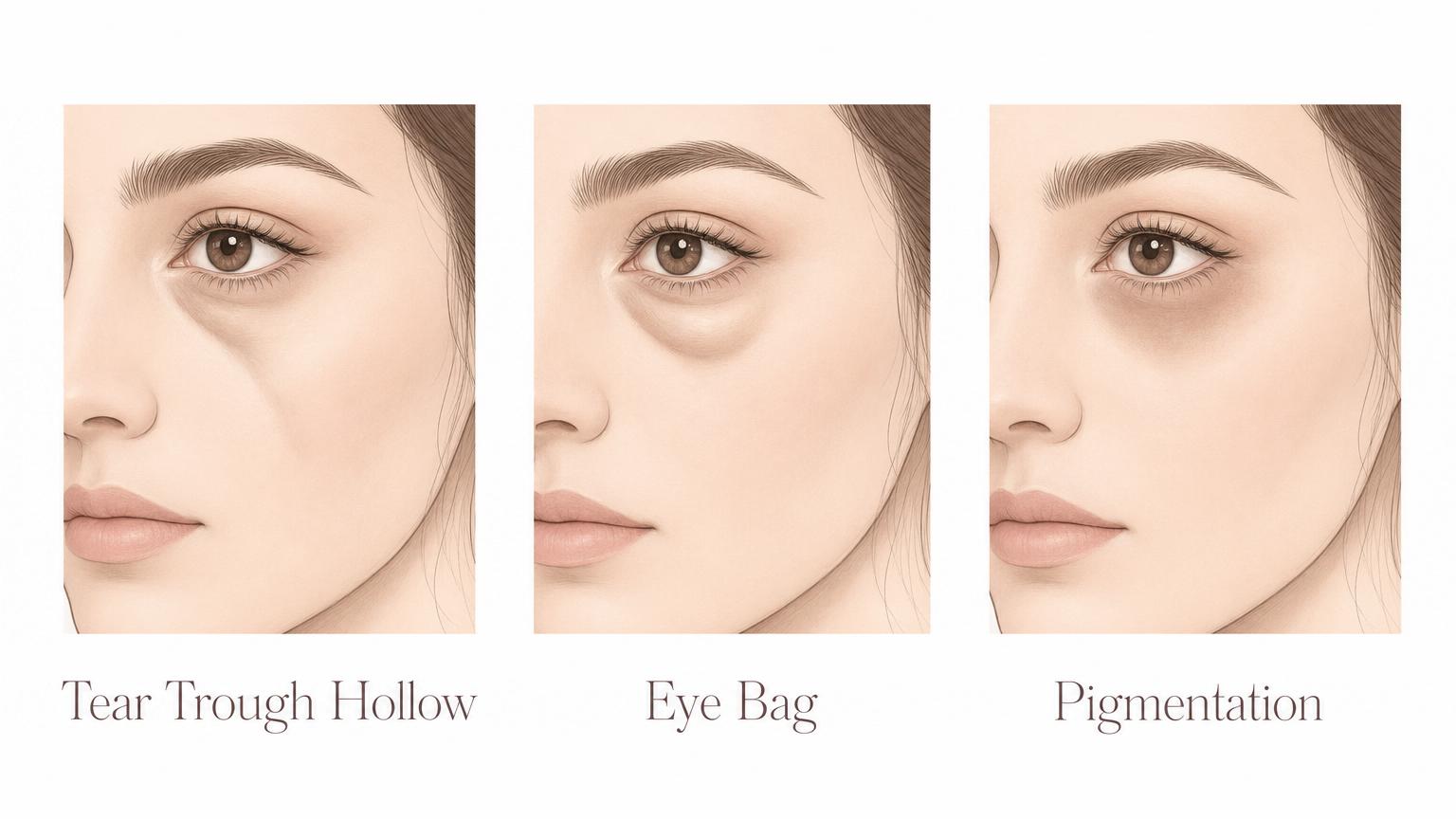 Editorial diagram comparing three under-eye conditions side by side — tear trough hollow, herniated eye bag, and skin pigmentation