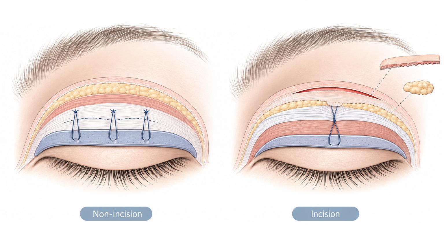 Cross-section illustration comparing non-incision suture method (left) and incision method (right) for upper eyelid surgery