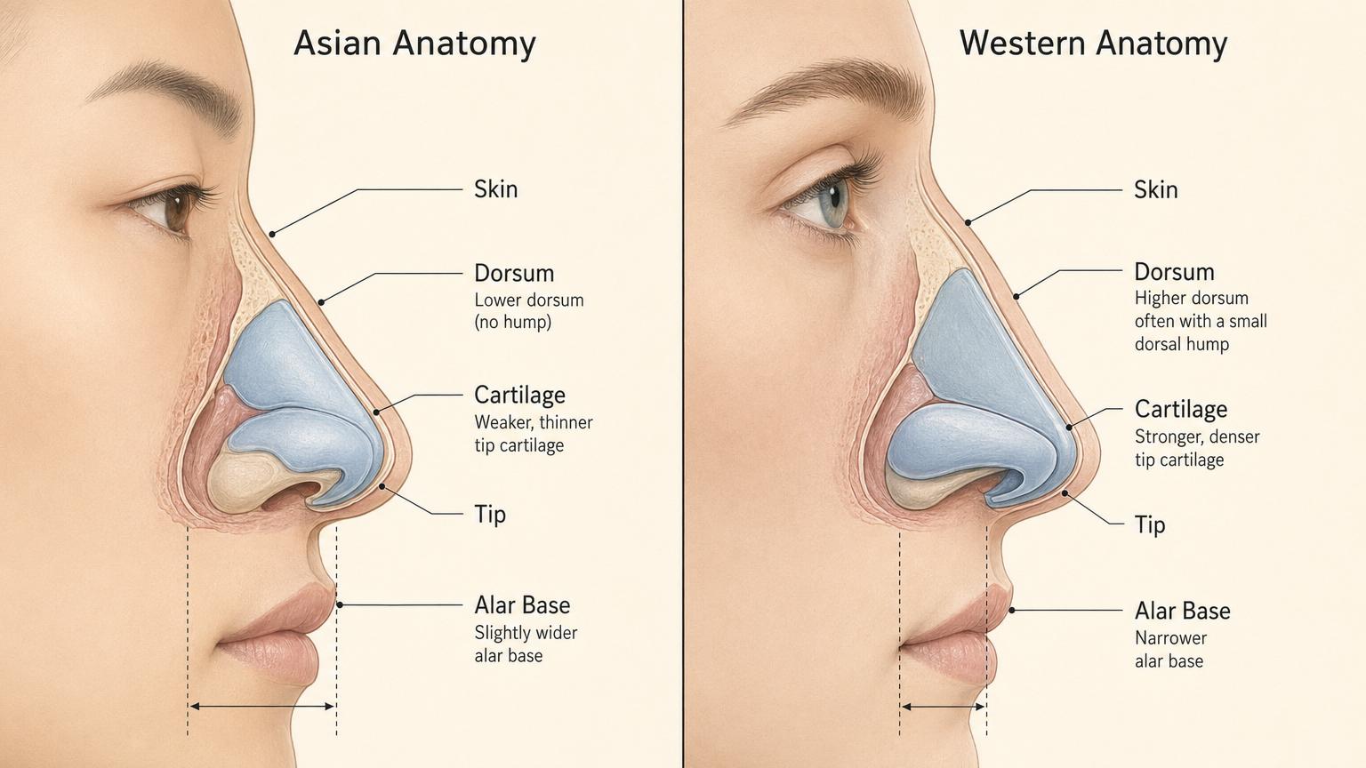 Editorial medical illustration comparing Asian and Western nasal anatomy in side profile — dorsum height, tip cartilage strength, skin envelope thickness, alar base width