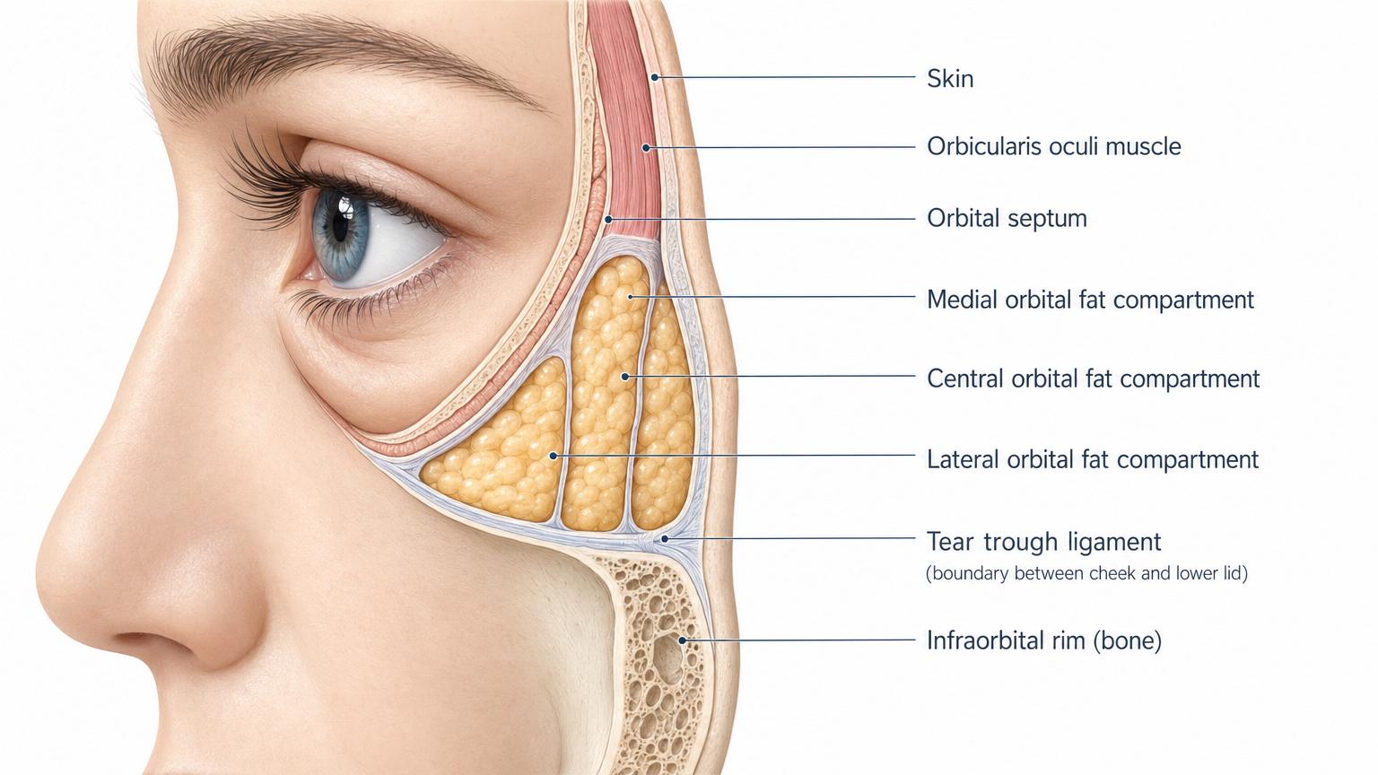 Cross-section medical illustration of the under-eye area showing skin, orbicularis oculi muscle, orbital septum, three orbital fat compartments, tear trough ligament, and infraorbital rim