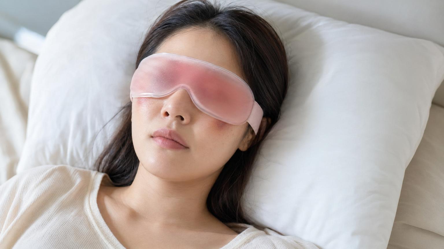 Day 1 after Korean under-eye fat repositioning — patient resting at home with a soft pink gel cold-compress mask covering both eyes