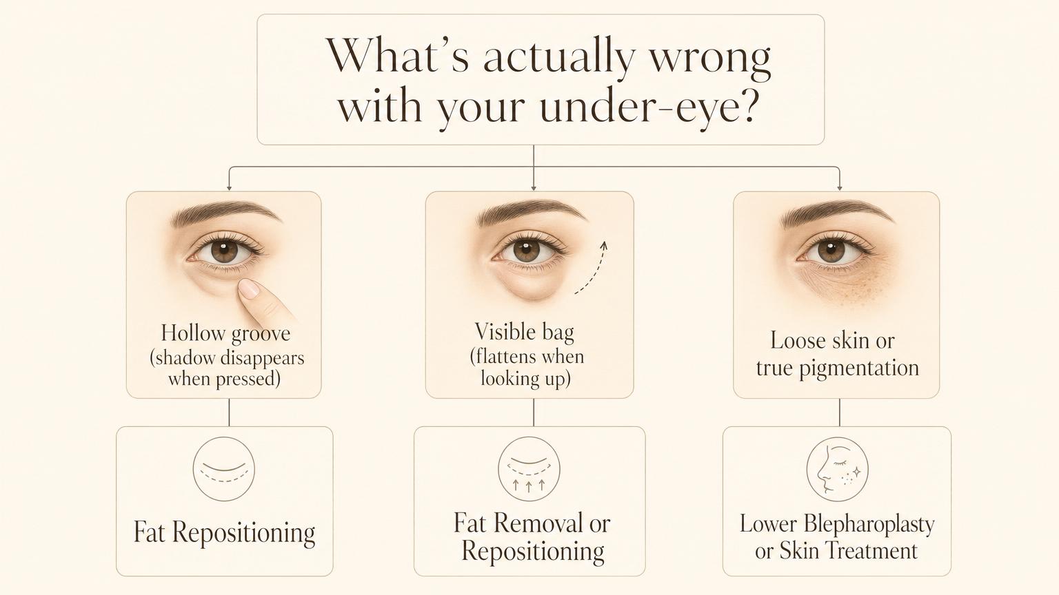 Vertical decision tree infographic for diagnosing under-eye concerns and matching them to the correct Korean surgery