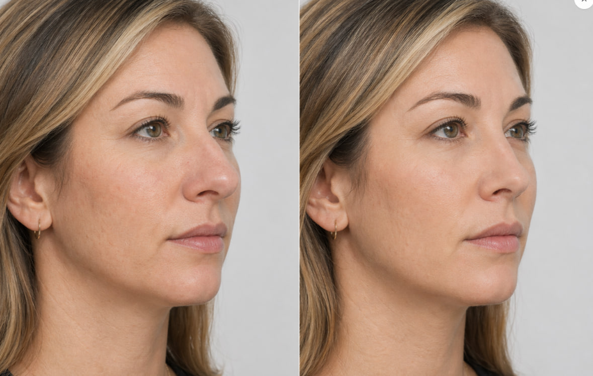 Before-and-after of a Western woman in her late thirties three months after Korean rhinoplasty showing dorsal hump reduction and refined tip with restrained natural result