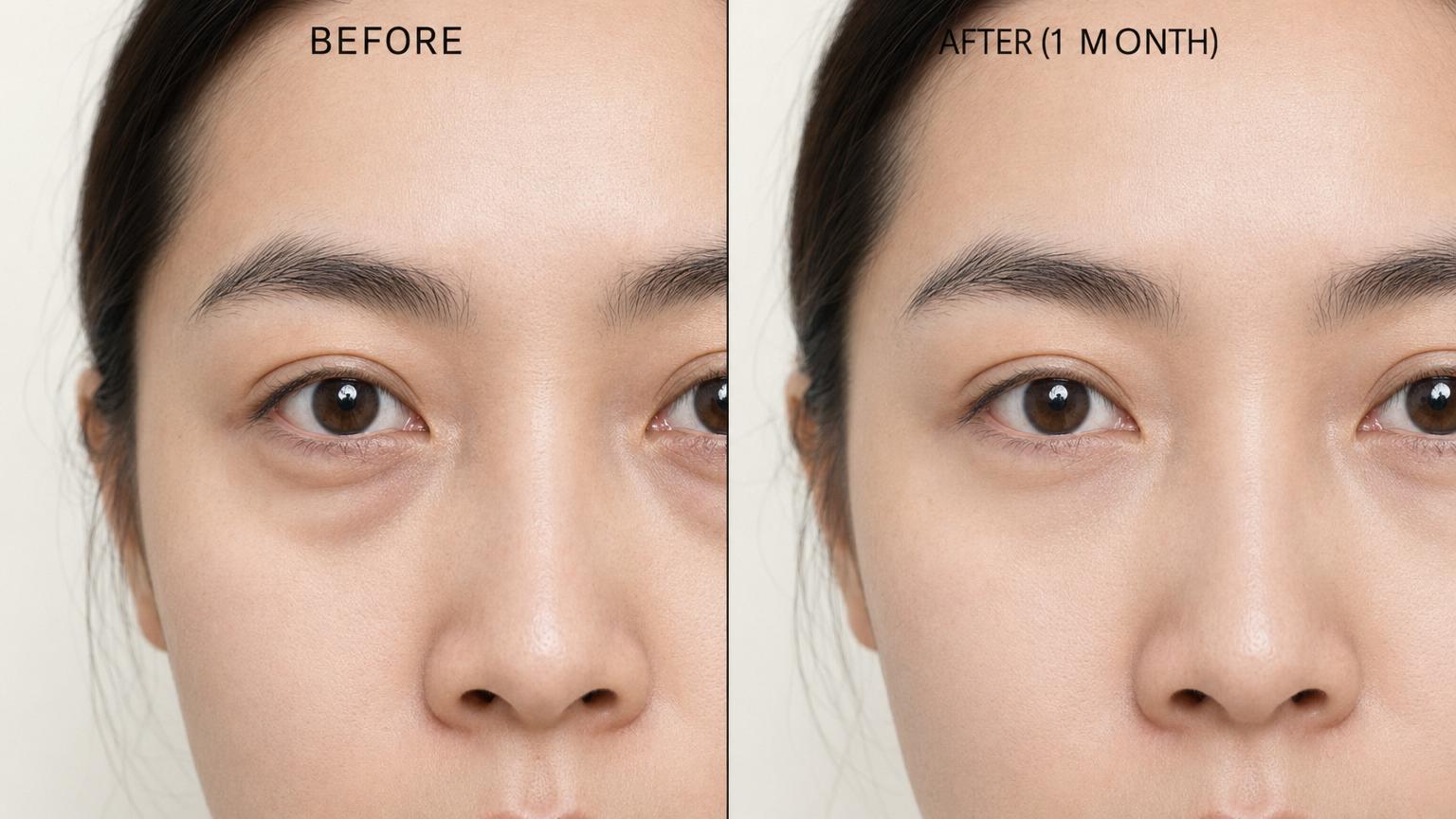 Before-and-after of an East Asian woman in her late twenties, one month after Korean transconjunctival under-eye fat repositioning, showing the tear trough hollow filled in naturally