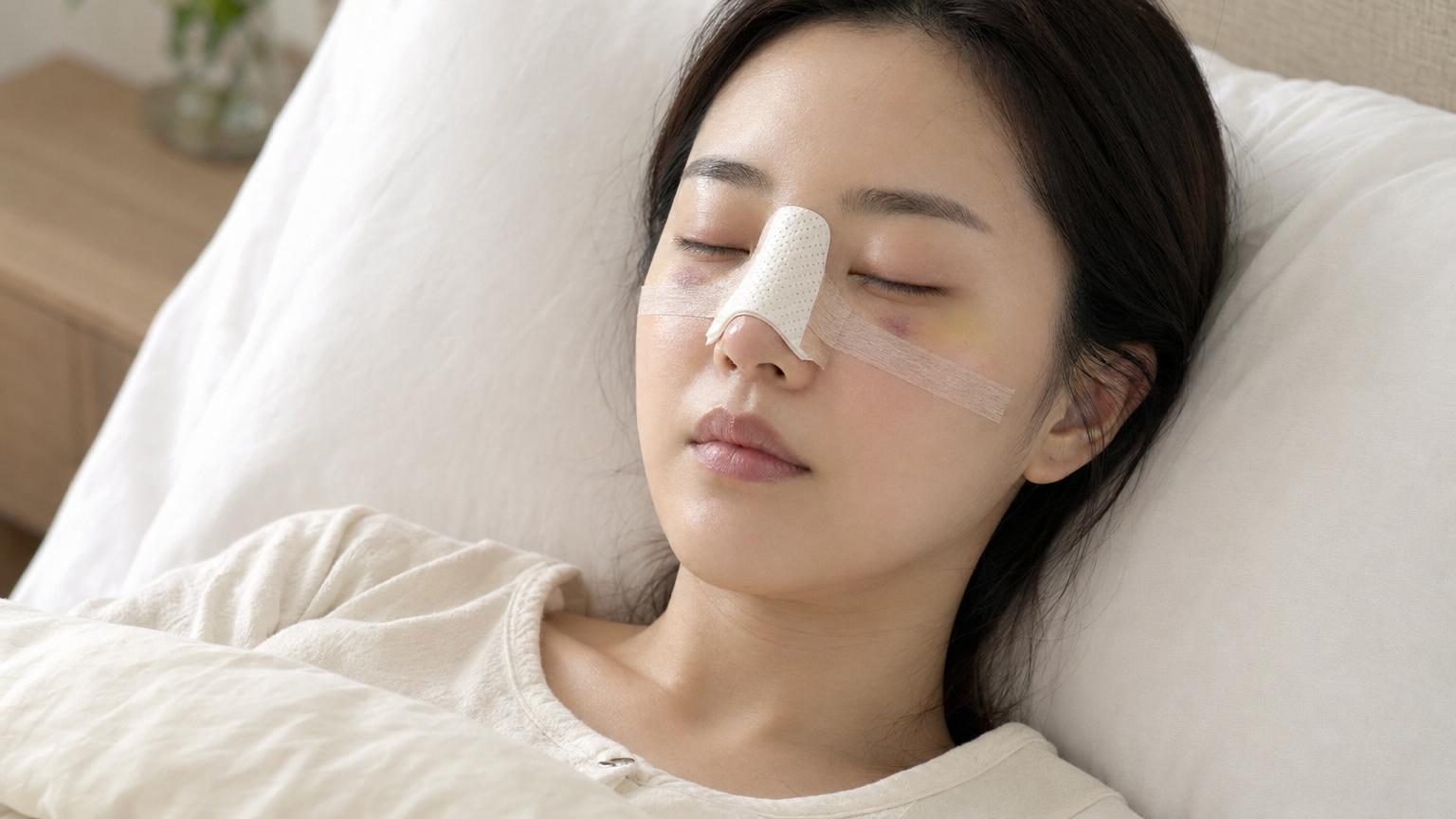 Day 1 after Korean rhinoplasty — patient resting at home with a small white nasal splint and surgical tape across the bridge, mild faint bruising starting under the eyes