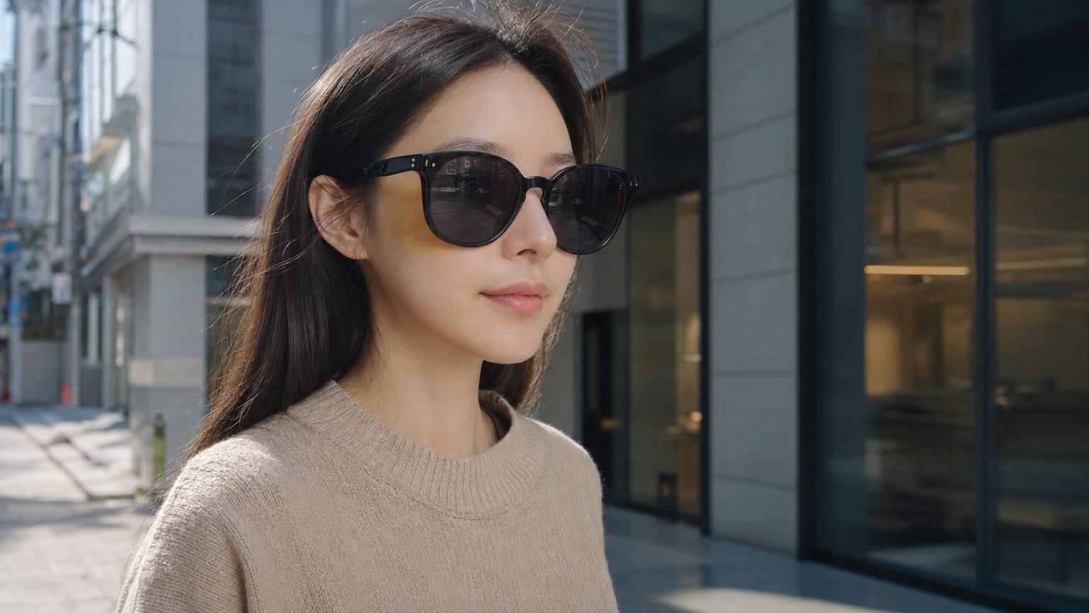 Day 7 after Korean under-eye fat repositioning — patient walking on a Seoul street wearing oversized sunglasses, faint yellow-green residual bruising visible