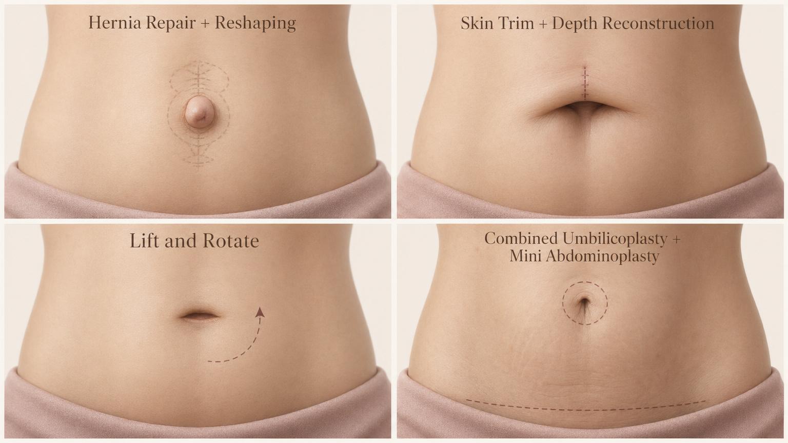 Four Korean umbilicoplasty surgical approaches — hernia repair, skin trim and depth reconstruction, lift and rotate, combined with mini abdominoplasty