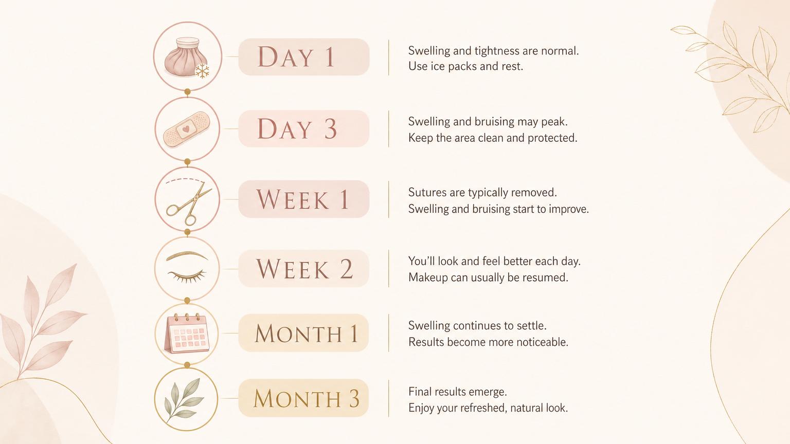 Recovery timeline infographic for Korean double eyelid surgery — Day 1, Day 3, Week 1, Week 2, Month 1, and Month 3