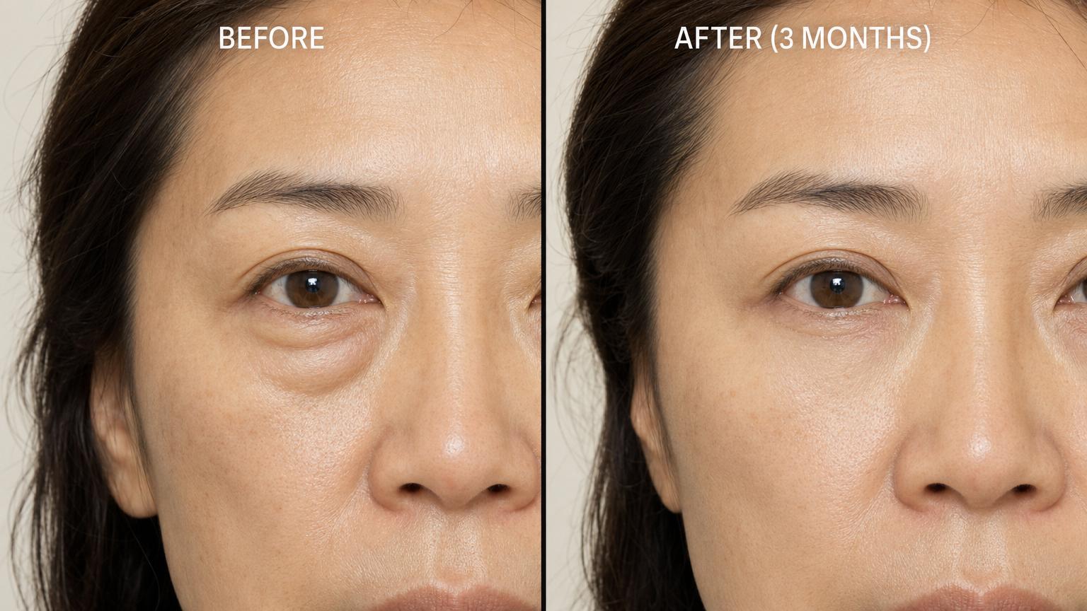Before-and-after of an East Asian woman in her early fifties, three months after Korean lower blepharoplasty, showing flattened eye bag, tightened skin, and a fully matured fine subciliary scar