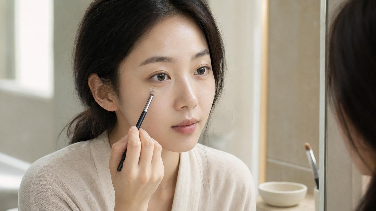 Day 14 after Korean under-eye fat repositioning — patient applying concealer to the under-eye area, residual healing minimal