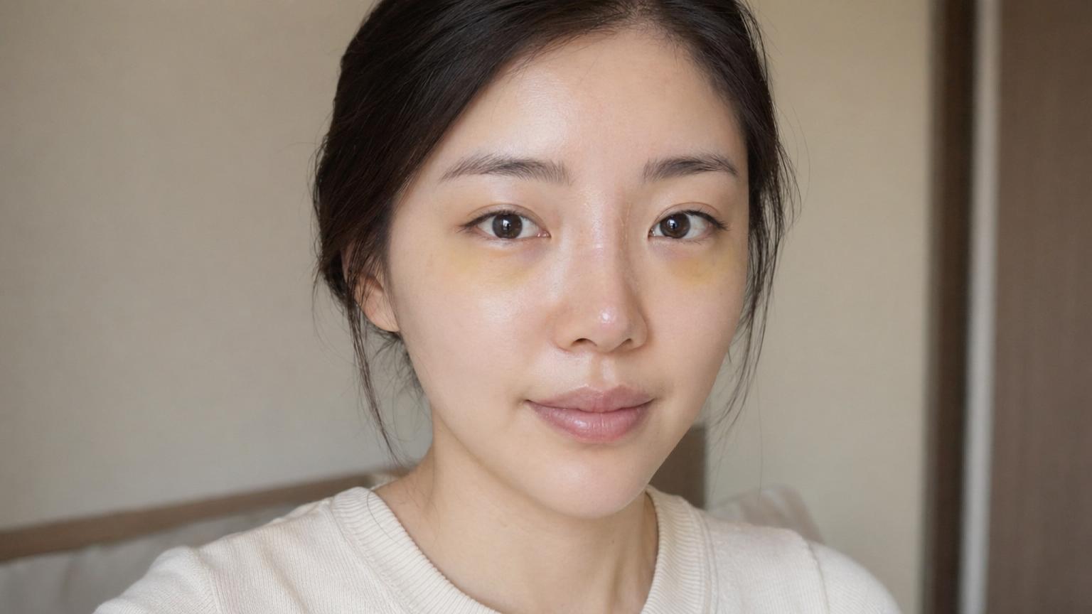 Day 7 after Korean rhinoplasty just after the dorsal cast was removed, faint yellow-green residual bruising under the eyes, very mild residual nasal swelling