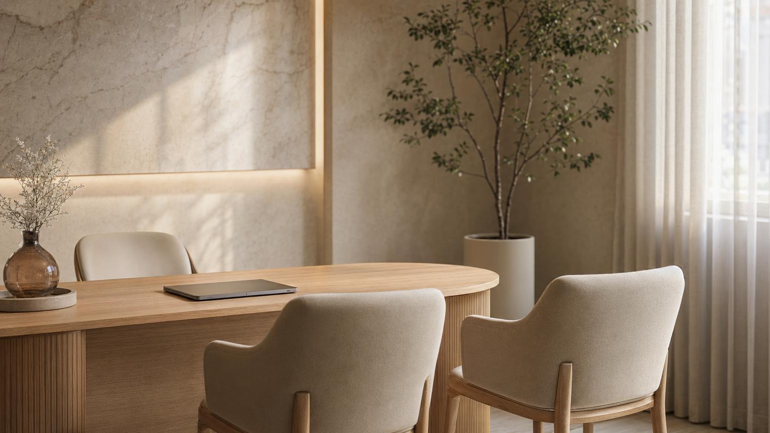 Modern Korean cosmetic surgery clinic consultation room interior with warm beige tones and natural light