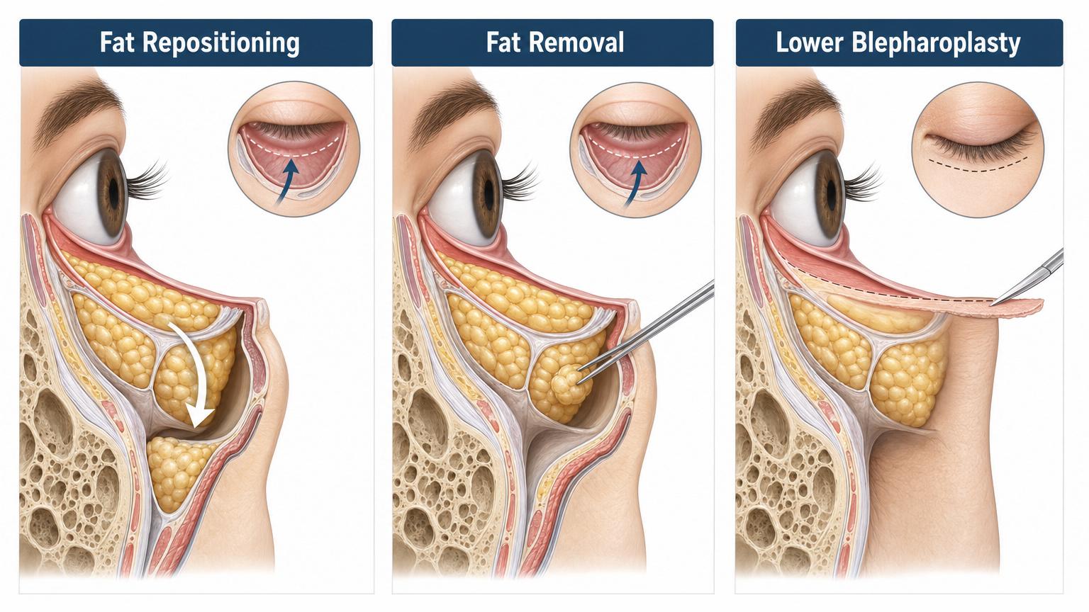 Side-by-side three-panel illustration comparing fat repositioning, fat removal, and lower blepharoplasty