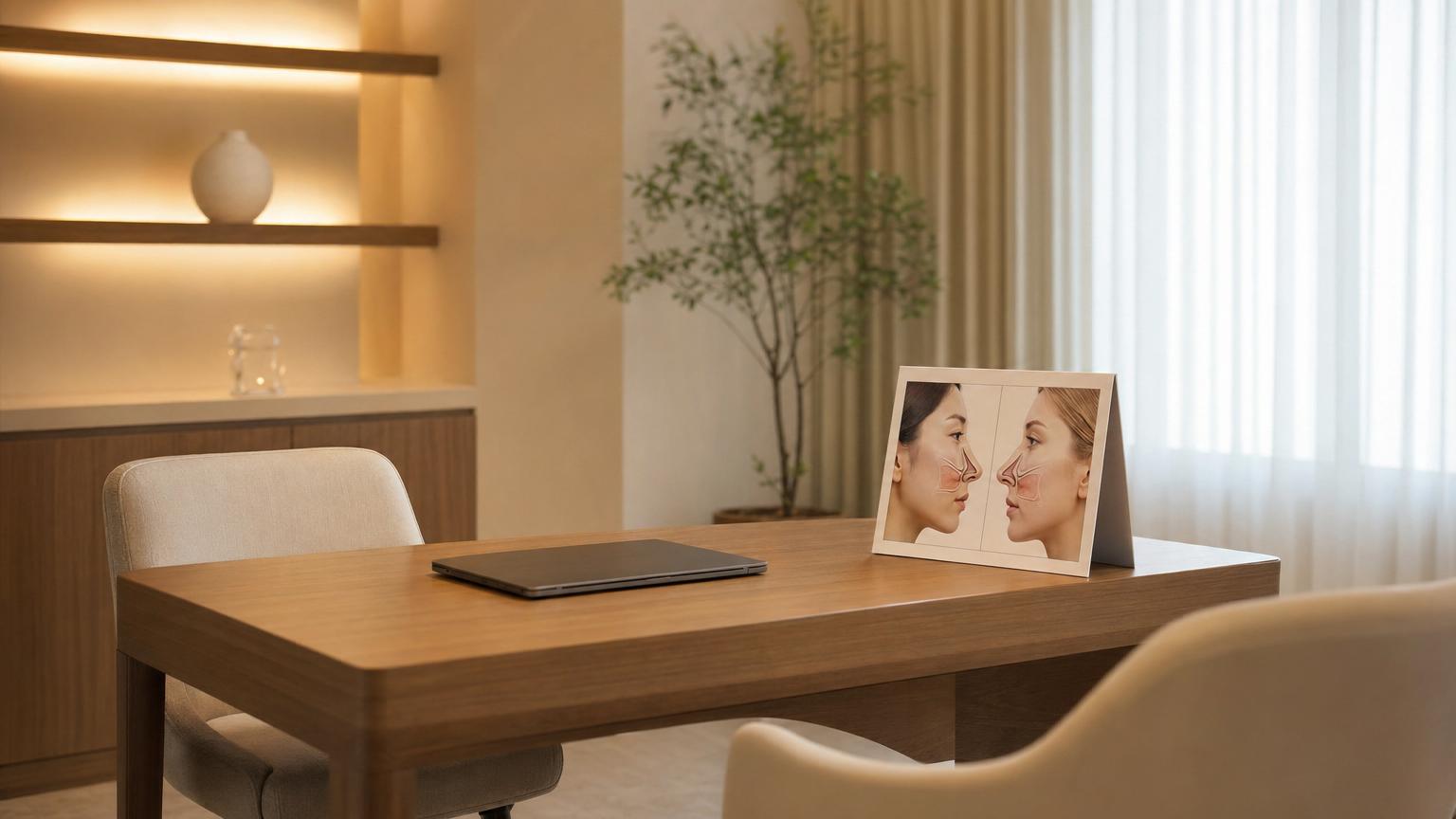 Modern Korean cosmetic surgery consultation room with a folded nasal-anatomy reference card showing both Asian and Western nasal profiles