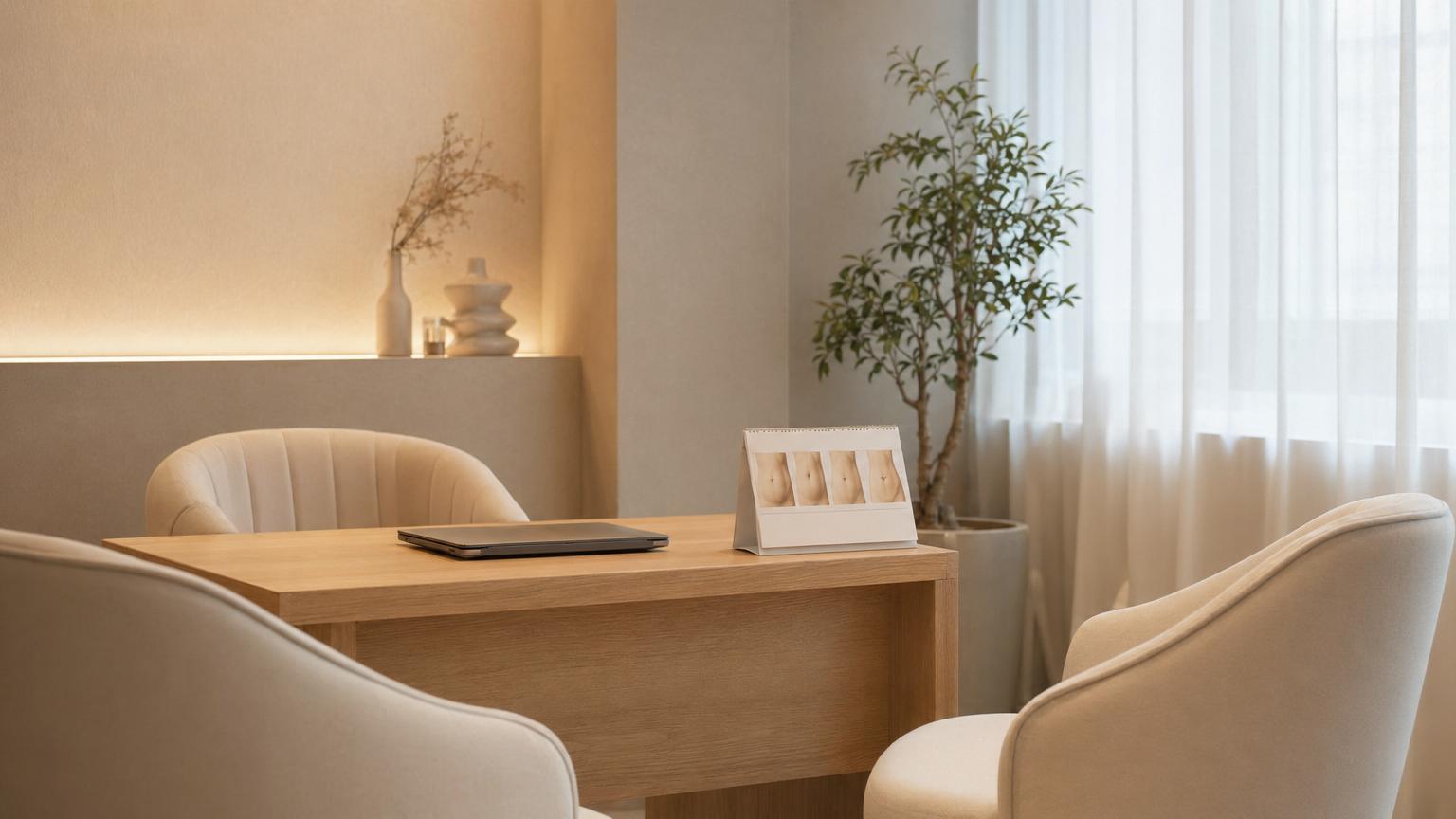 Modern Korean cosmetic surgery consultation room with warm beige tones and natural light